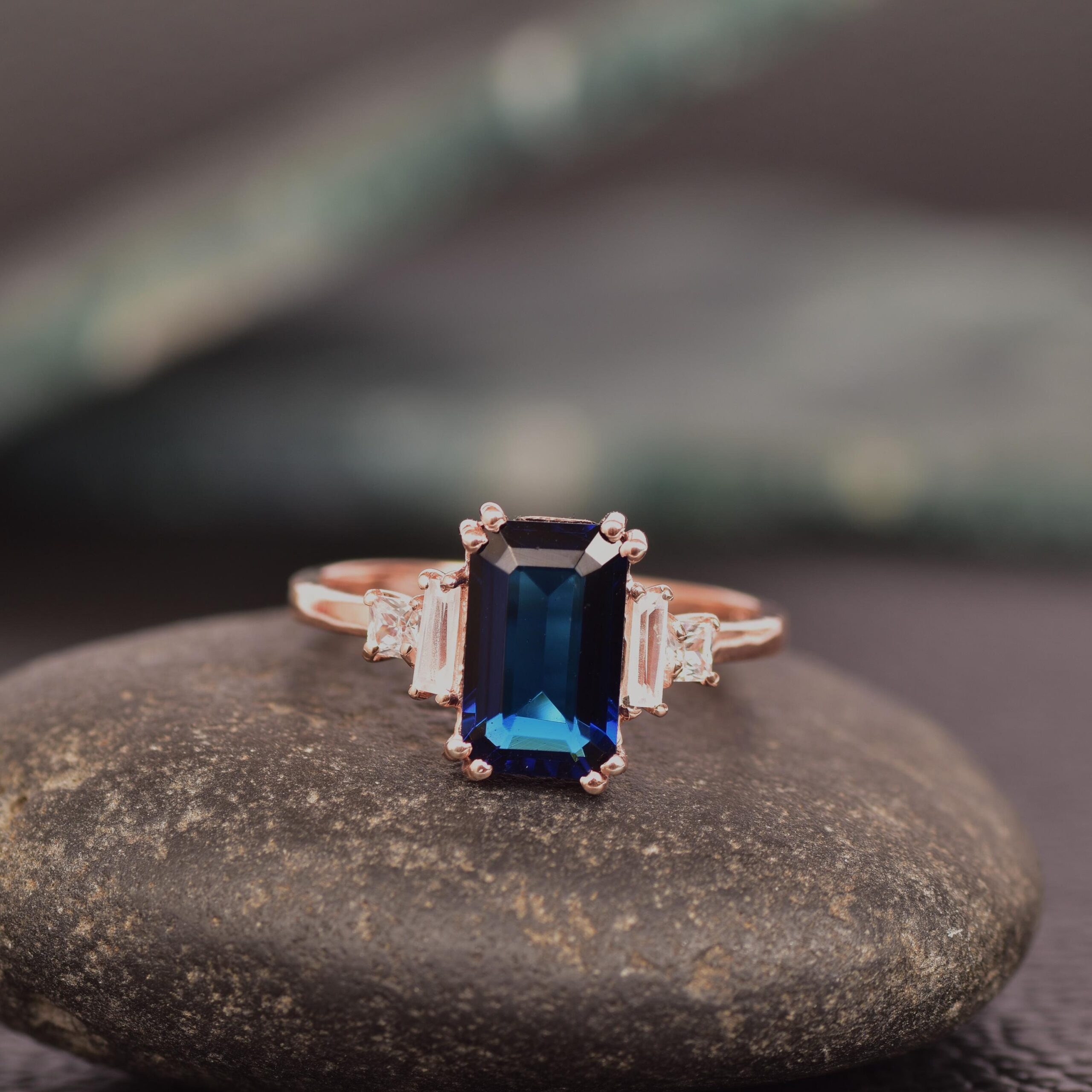 Emerald cut Sapphire Engagement Ring, Dainty Diamond Bridal Ring